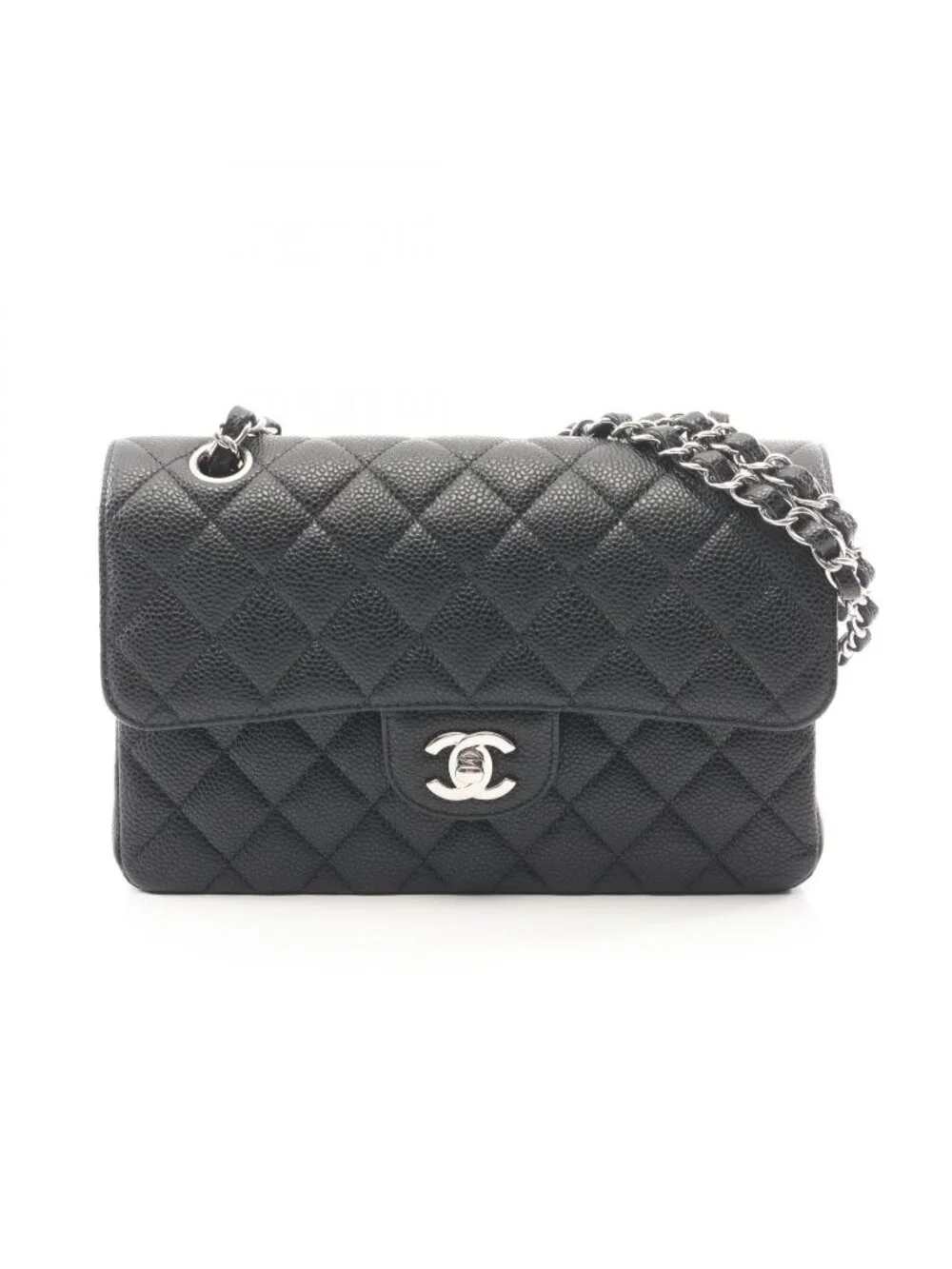 Chanel Shoulder Bag Quilted Double Flap Black Caviar Leather Chain
